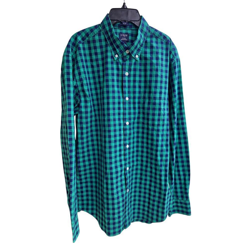 J.  Crew Men Slim Fit Gingham Shirt Sz Large Green Blue Plaid Button Down Casual